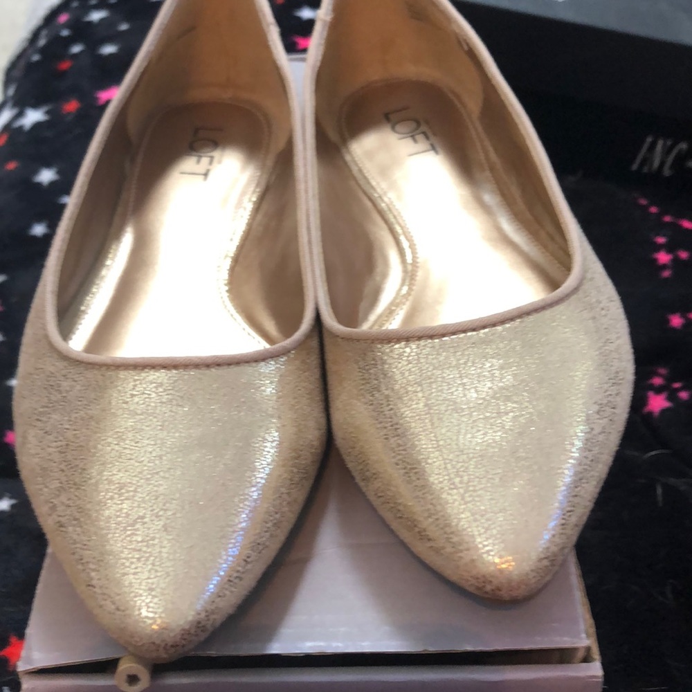 NWT LOFT TAYLOR SHIMMER GOLD POINTED TOE FLATS.